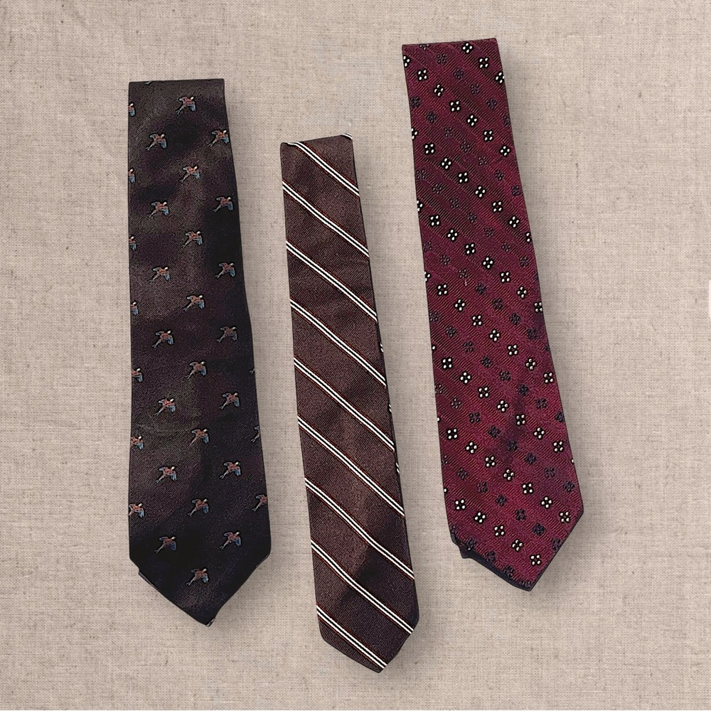 Vintage Burgundy Necktie Lot Striped Floral Novelty Retro Menswear Ties